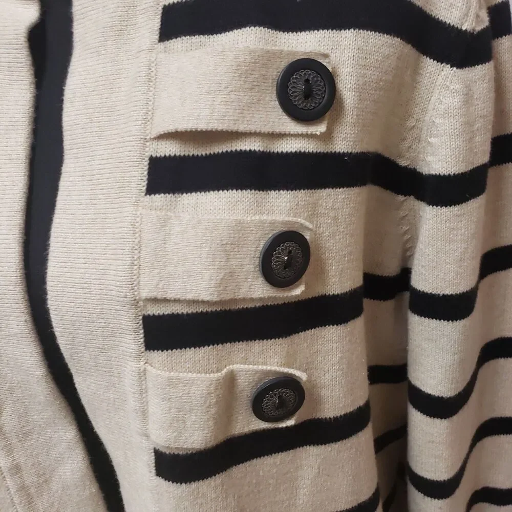 Christopher & Banks Double Breasted Knit Oatmeal Black Stripes Cardigan L NWOT